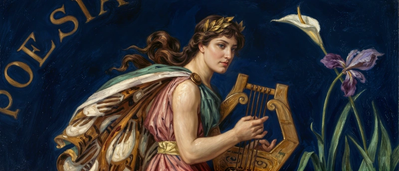 Variación artística creada a partir de la «Alegoría de la poesía», obra del pintor Arturo Mélida y Alinari (1849–1902) para decorar el techo del Salón de Actos del Ateneo Científico, Literario y Artístico de Madrid.